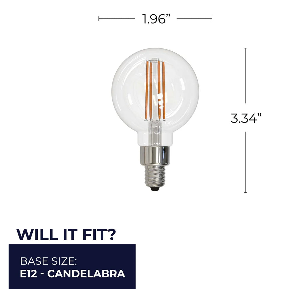 Bulbrite 776873, 4.5 Watt Dimmable Clear Filament G16 Candelabra (E12) LED Bulb - 350 Lumens, 2700K, and 80 CRI