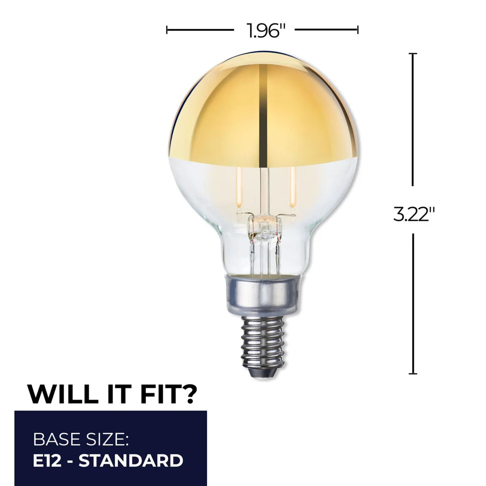 Bulbrite 776921, LED Filament 2.5 Watt Dimmable G16 Light Bulb with Half Gold Glass Finish and Candelabra (E12) Base - 2700K (Warm White Light), 200 Lumens