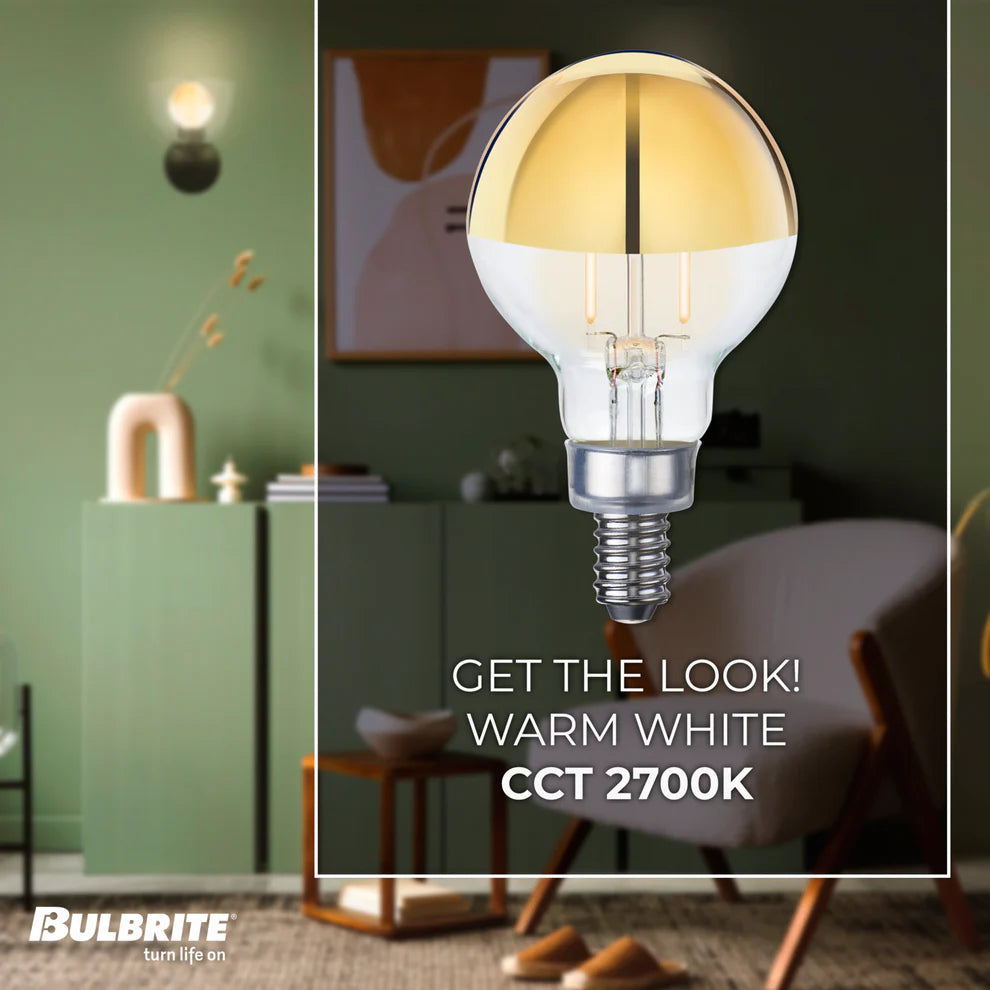 Bulbrite 776921, LED Filament 2.5 Watt Dimmable G16 Light Bulb with Half Gold Glass Finish and Candelabra (E12) Base - 2700K (Warm White Light), 200 Lumens