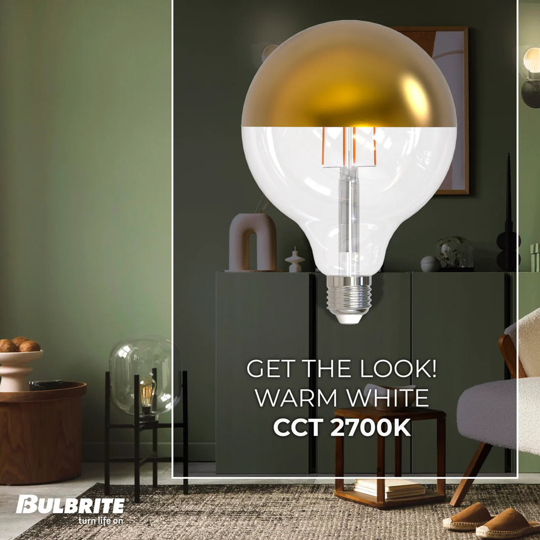 Bulbrite 776924, LED Filament 6 Watt Dimmable G40 Light Bulb with a Half Gold finish and Medium (E26) Base - 2700K Warm White Light, 500 Lumens