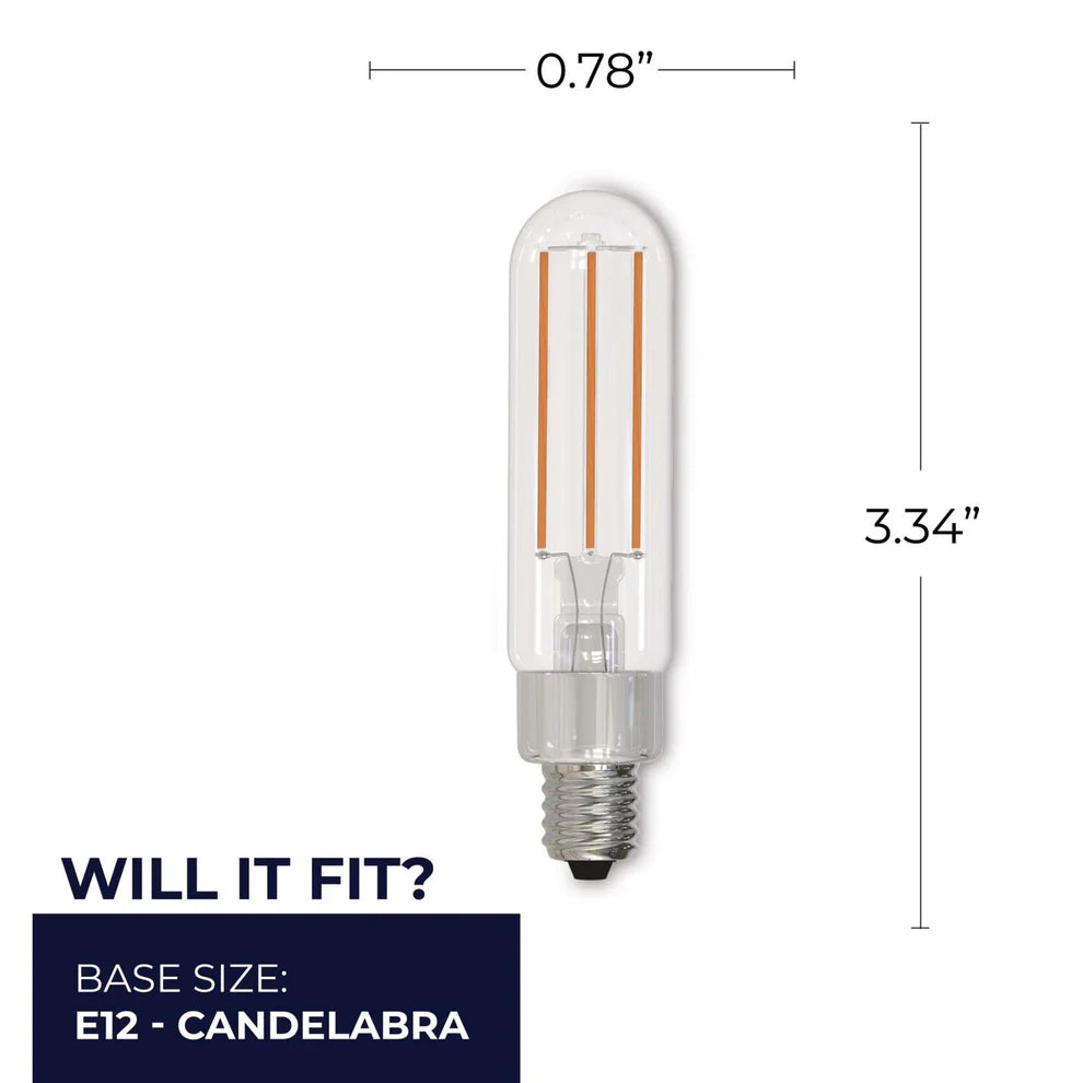 Bulbrite 776952, LED Filament 2.5 Watt Dimmable Tubular T6 Light Bulb with Clear finish and Candelabra (E12) Base - 3000K Soft White Light, 250 Lumens