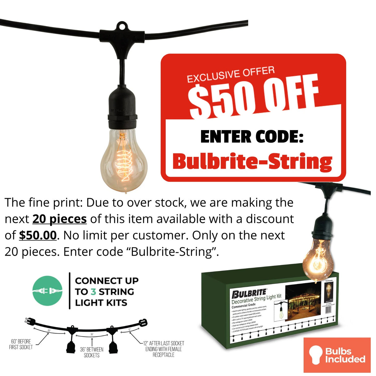 Bulbrite 810004, 48-foot String Light Kit with Nostalgic Loop Filament A19 Incandescent Light Bulbs