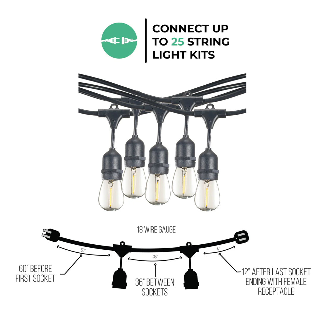 Bulbrite 48-foot String Light Kit with Clear Shatter Resistant Vintage Style S14 LED Light Bulbs