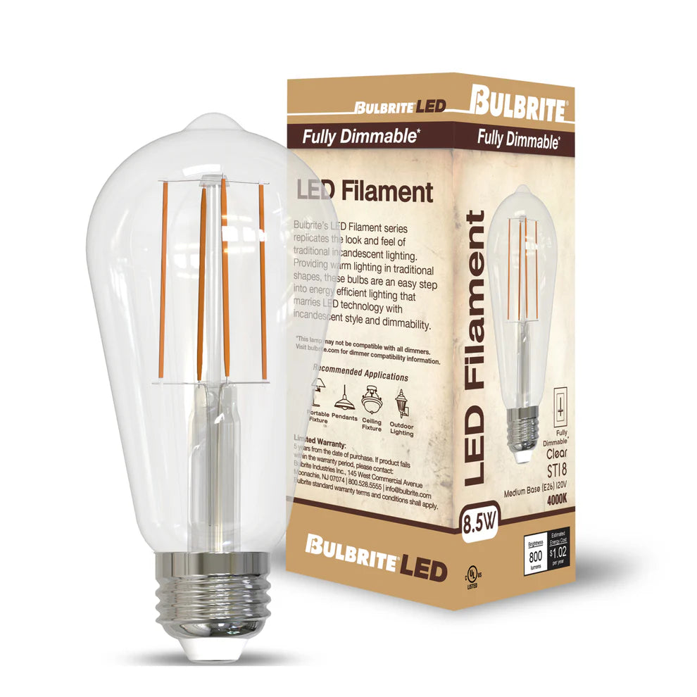 Bulbrite 776935, LED Filament 8.5 Watt Dimmable ST18 Light Bulb with Clear finish and Medium (E26) Base - 4000K Cool White Light, 800 Lumens