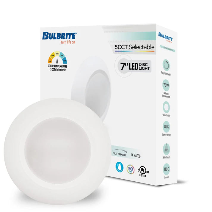 Bulbrite 773273, LED 14 Watt 7" Disc Light, 5CCT Selectable - 27/30/35/40/50K, 1100 Lumens
