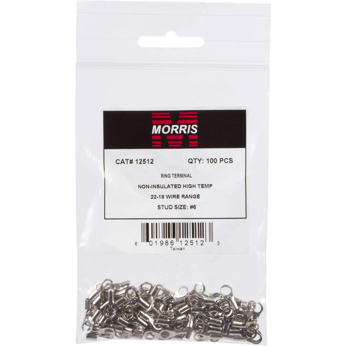 (100 Pack) Morris Products 12512, High Temperature Ring Terminals, Wire Size 22-18, Stud Size #6