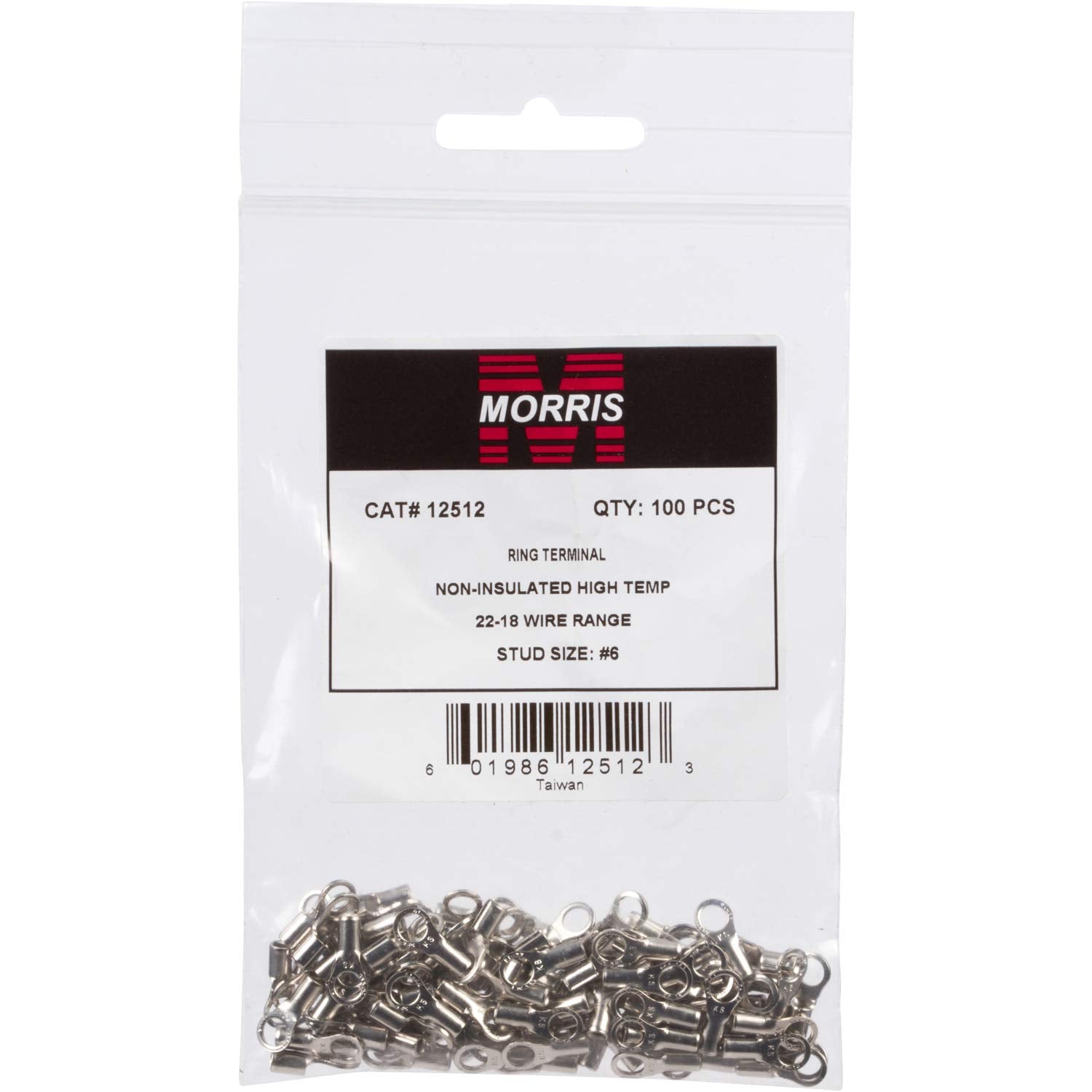(100 Pack) Morris Products 12512, High Temperature Ring Terminals, Wire Size 22-18, Stud Size #6