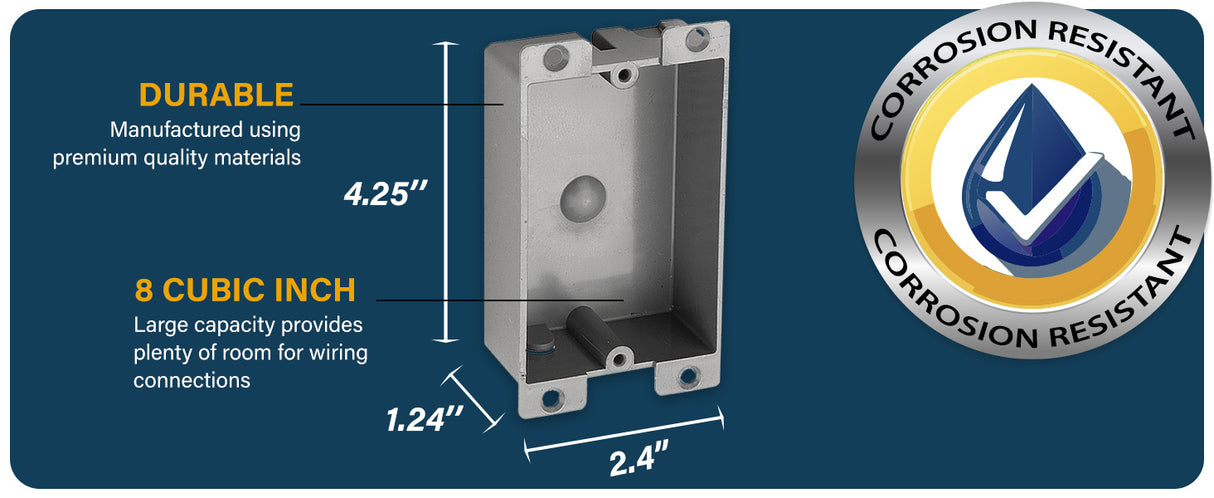 Ammo ARB108R, One-Gang Remodel Plastic Electric Shallow Box, 8 Cubic Inch, Mounting Ears 1-1/4″D x 2-3/8″W x 3-5/8″L Gray