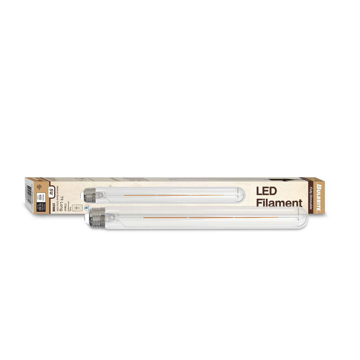 Bulbrite 5 Watt Dimmable Clear Glass T9 Tubular LED Light Bulbs with Medium (E26) Screw Base, 2700K (Warm White Light), 450 Lumens