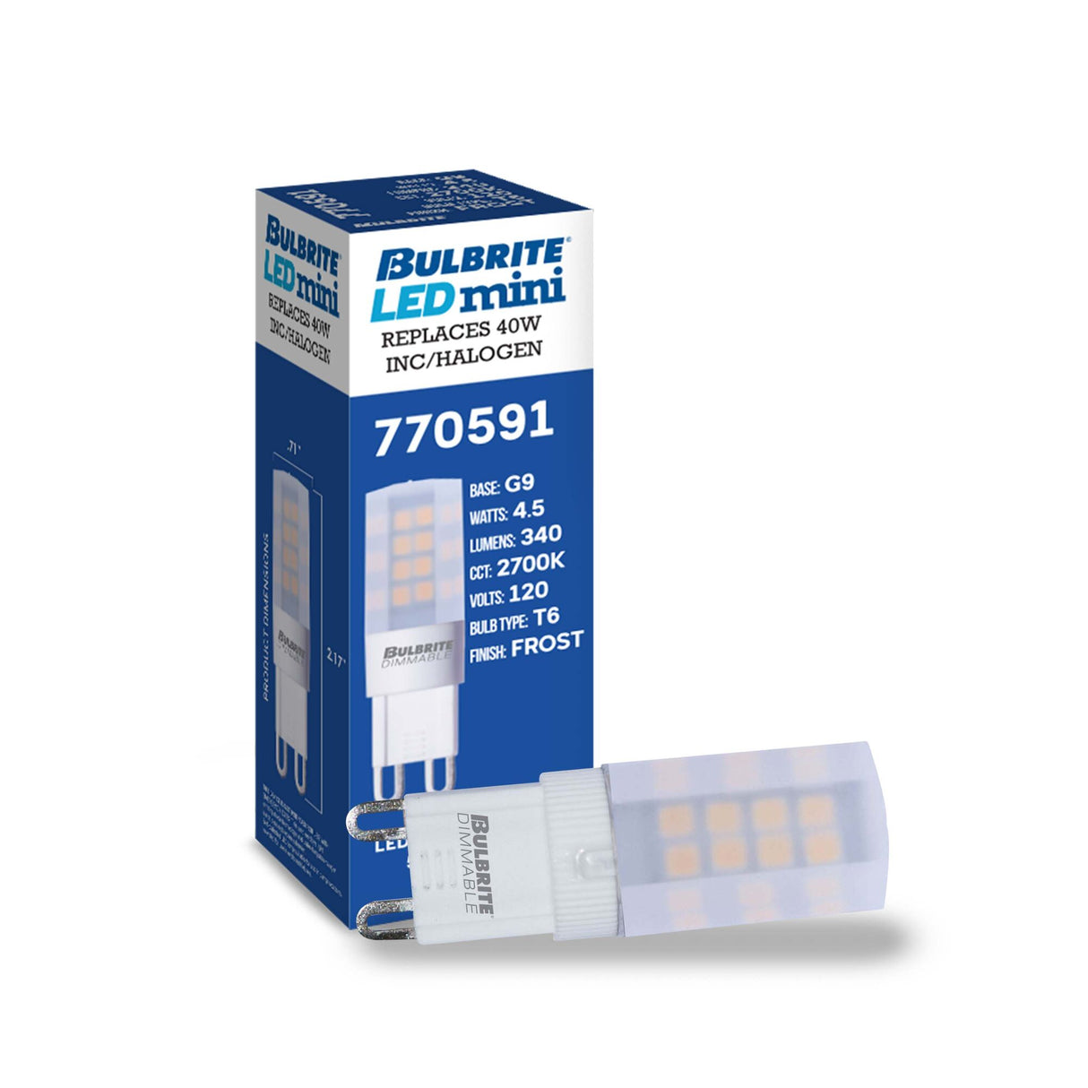 Bulbrite 770591, 4.5 Watt Dimmable Frost Mini T4 Bi-Pin (G9) Tubular LED Light Bulb - 340 Lumens, 2700K, and 80 CRI