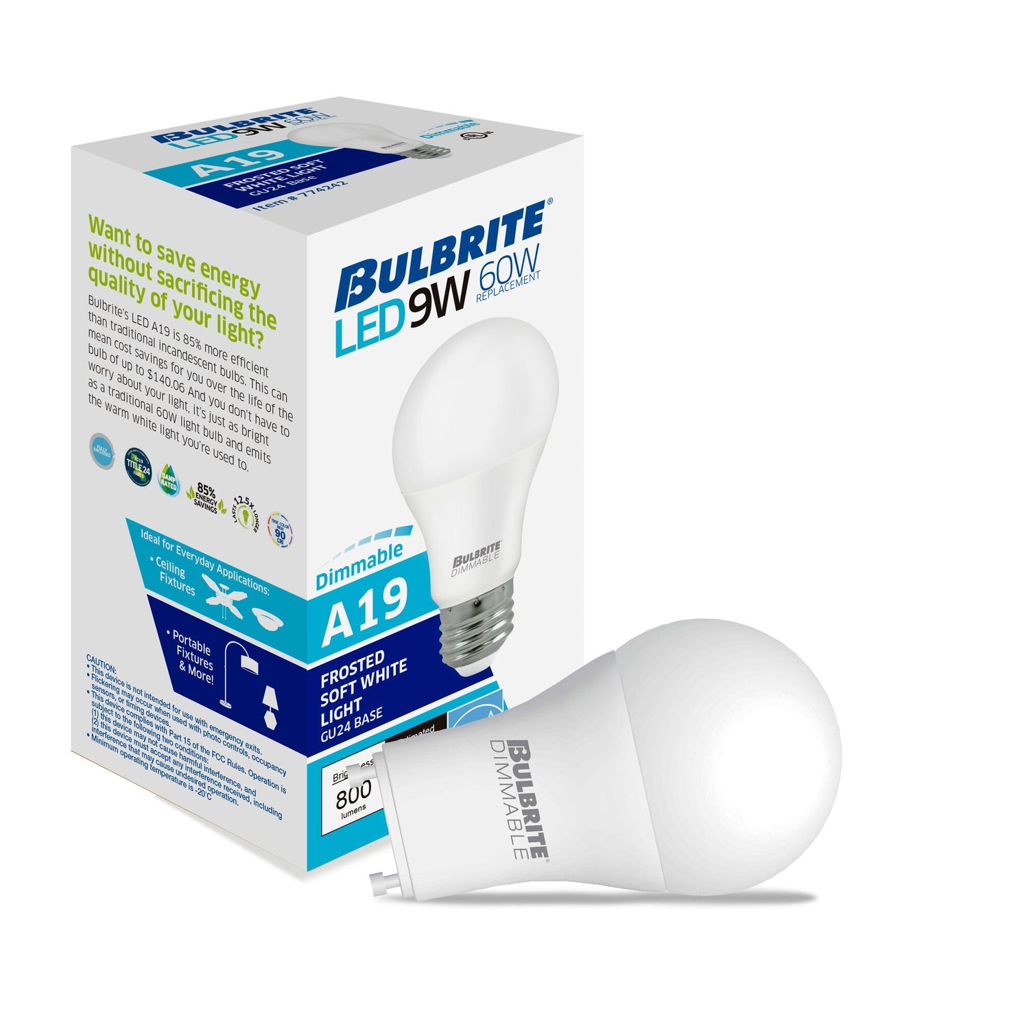 Bulbrite 774242, LED Filament 9 Watt Dimmable A19 Light Bulbs with Frost Finish and Bi-Pin (GU24) Base - 3000K (Soft White Light), 800 Lumens