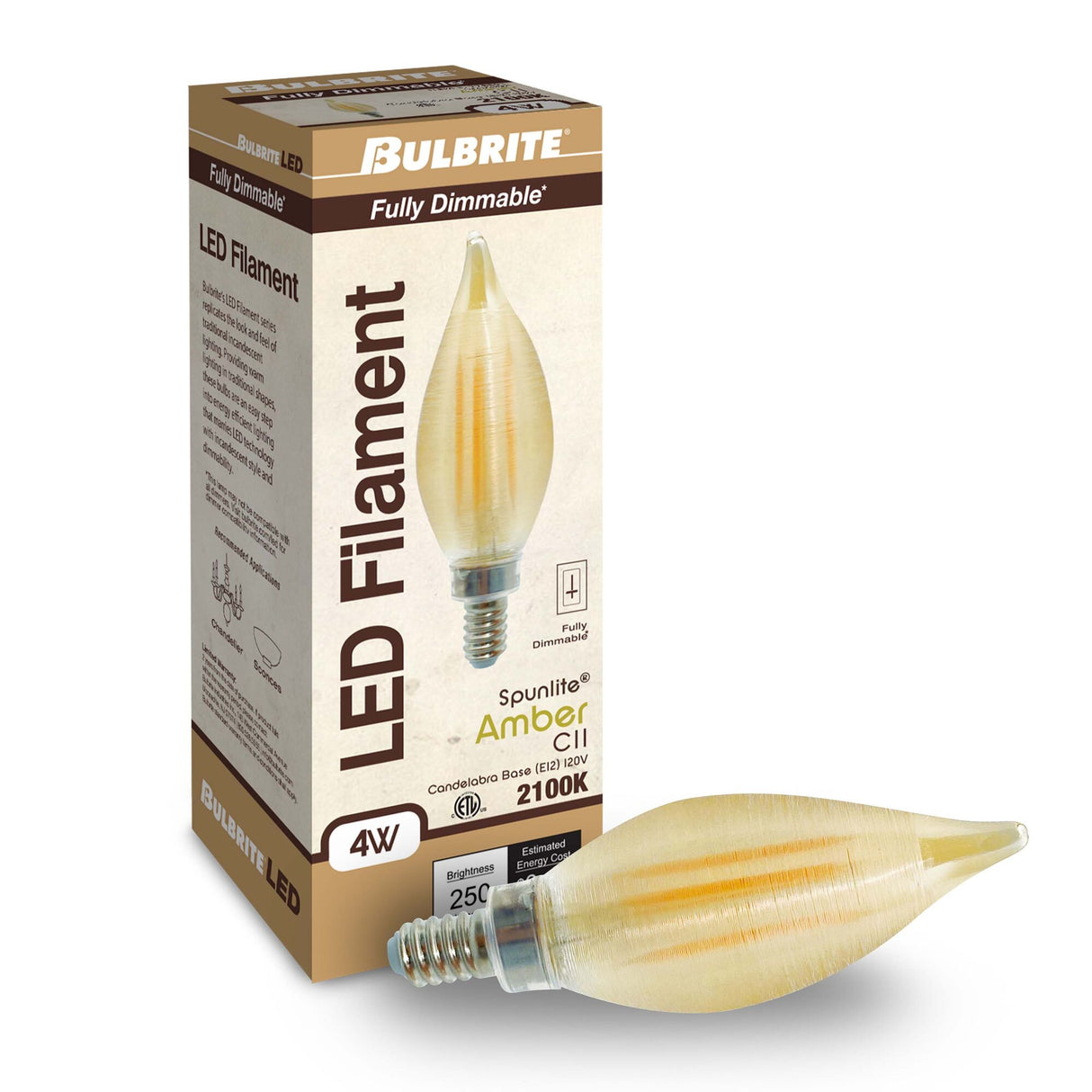 Bulbrite 776591, Spunlite 4 Watt Dimmable C11 LED Filament Light Bulb with Amber Glass Finish and Candelabra (E12) Base - 2100K (Amber Light), 250 Lumens