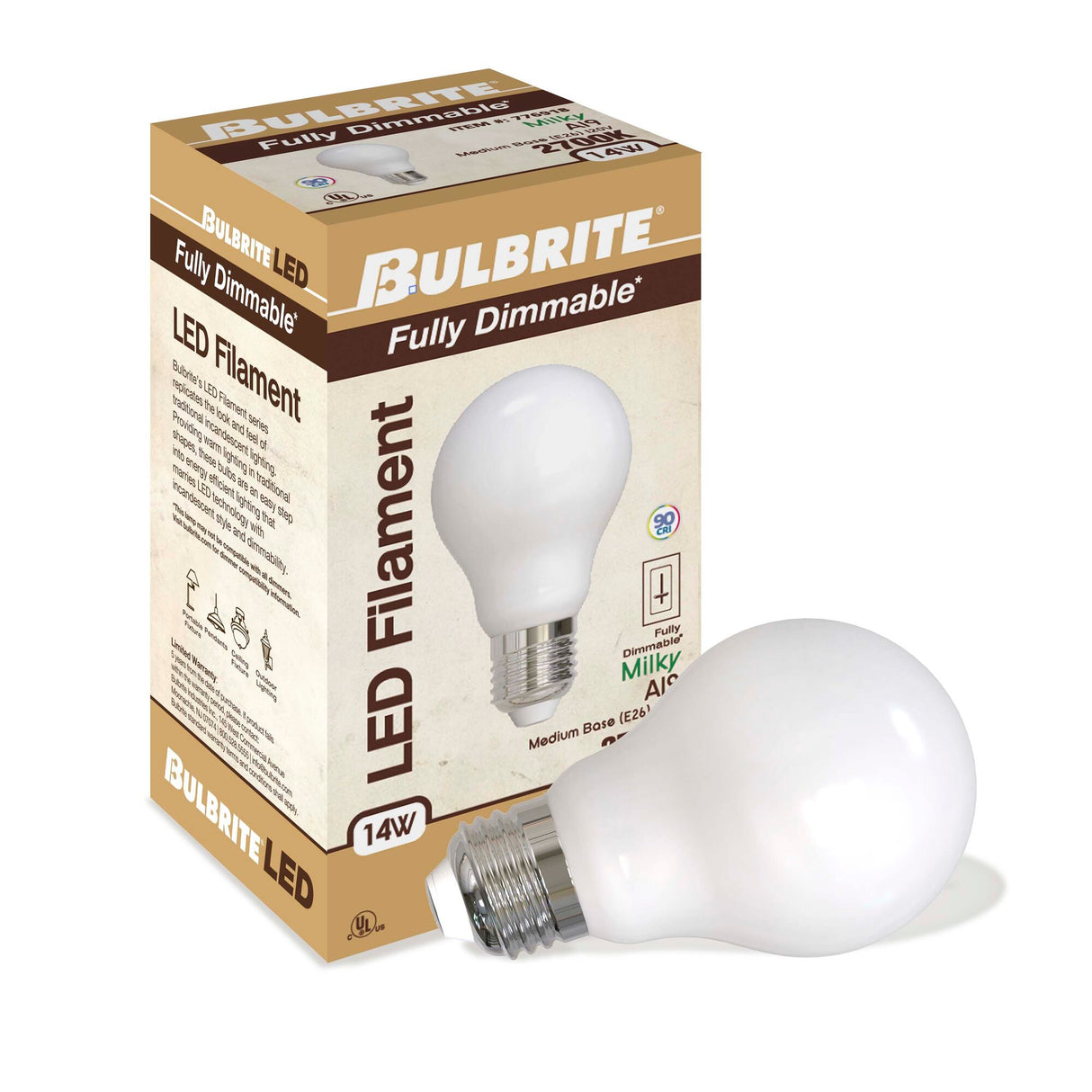 Bulbrite 776918, LED Filament 14 Watt Dimmable A19 Light Bulb with Milky Glass Finish and Medium (E26) Base - 2700K (Warm White Light), 1500 Lumens
