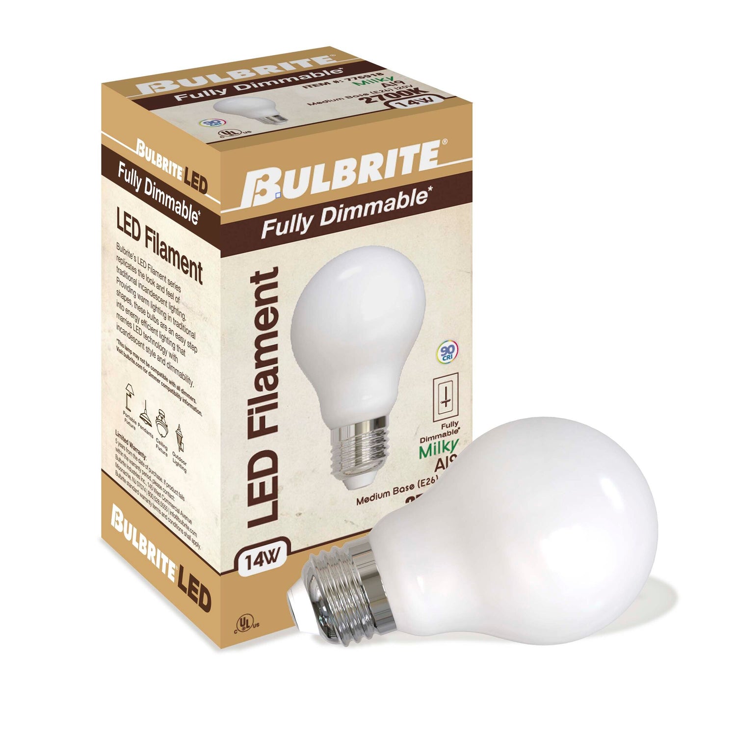 Bulbrite 776918, LED Filament 14 Watt Dimmable A19 Light Bulb with Milky Glass Finish and Medium (E26) Base - 2700K (Warm White Light), 1500 Lumens
