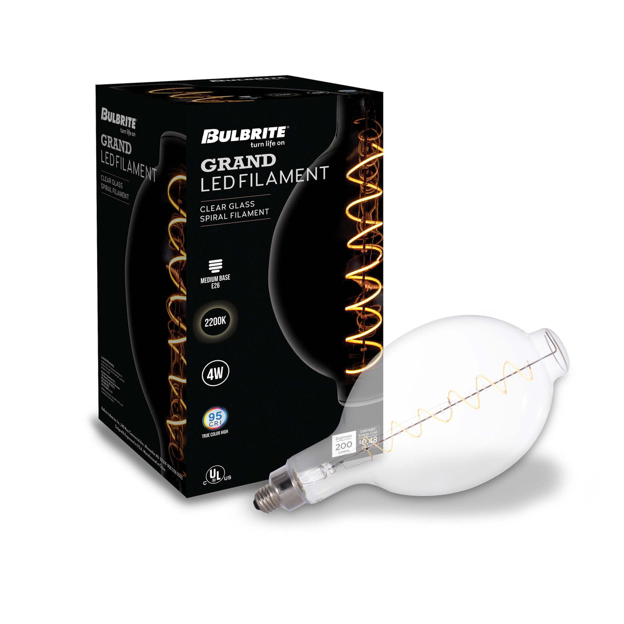 Bulbrite LED Grand Spiral Filament BT Shaped Light Bulb, 60 Watt Equivalent, Medium Base (E26),2200K, Clear