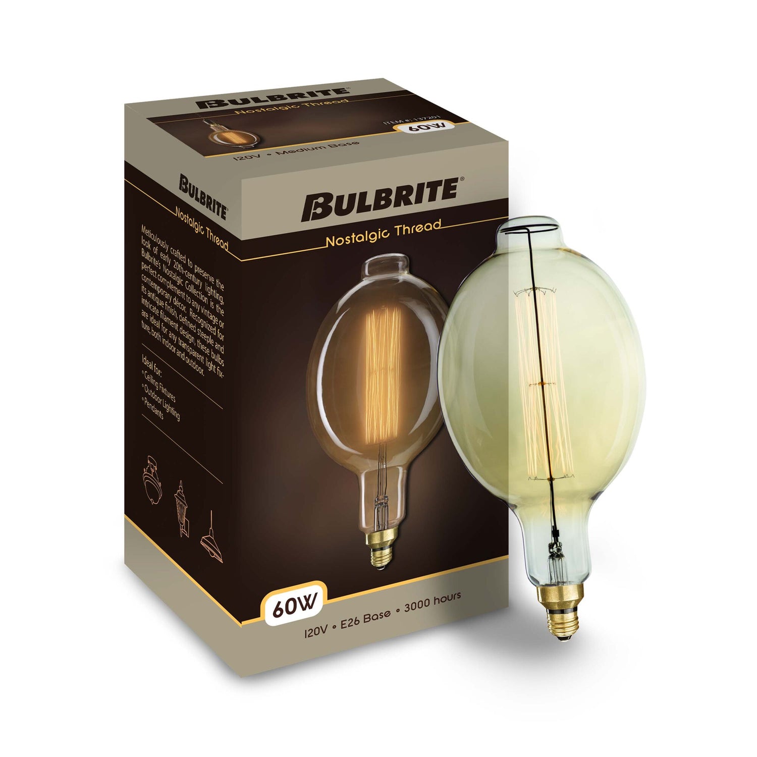 Bulbrite Grand Nostalgic Collection 60 Watt Dimmable BT56  Shape Oversized Decorative Incandescent Light Bulb with Medium (E26) Base, 2200K Amber Light, Antique Glass Finish