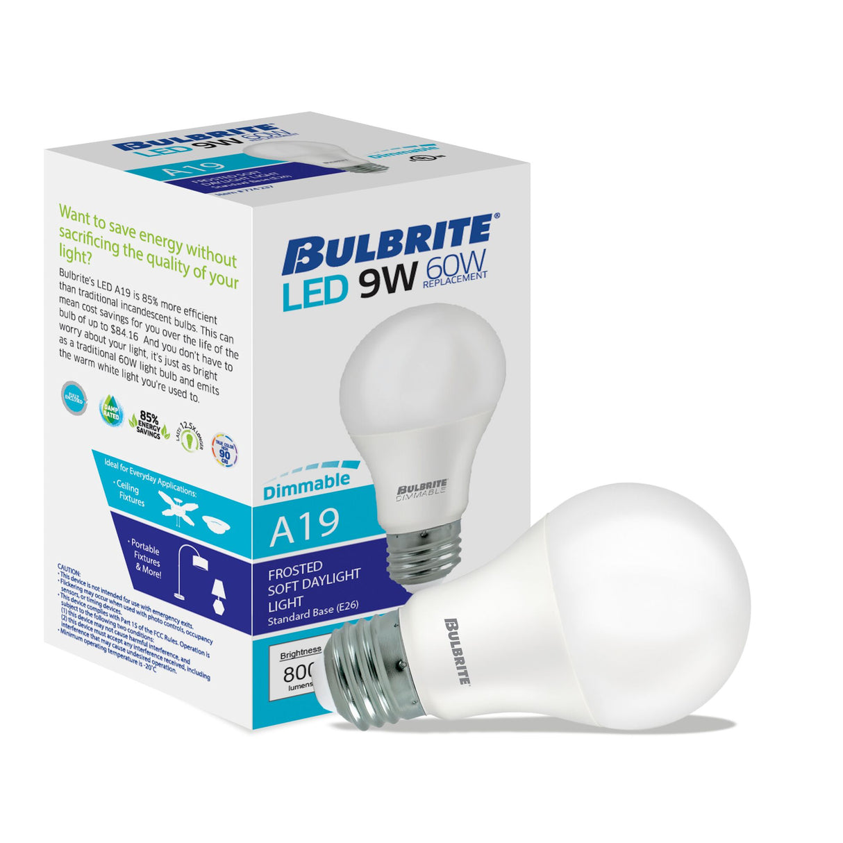 Bulbrite LED Filament 9 Watt Dimmable A19 Light Bulb with Frost Glass Finish and Medium (E26) Base - 5000K (Soft Daylight Light), 800 Lumens