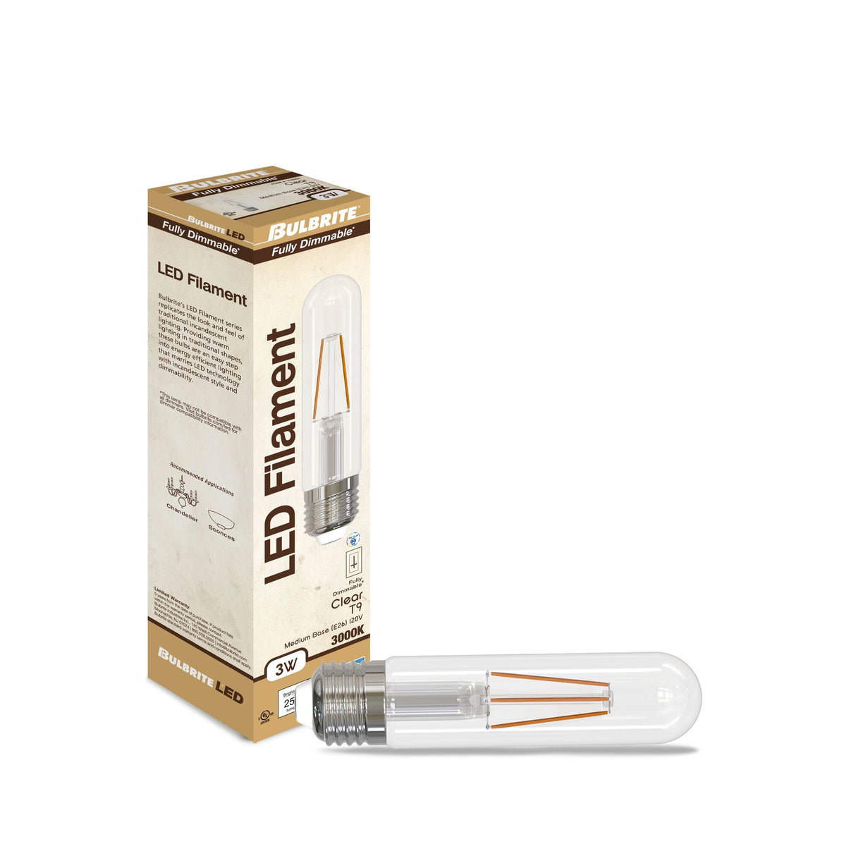 Bulbrite 3 Watt Dimmable Clear Filament T9 Medium (E26) LED Light Bulb - 250 Lumens, 3000K