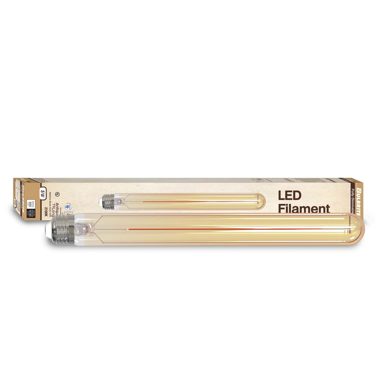 Bulbrite LED Filament 5 Watt Dimmable 11 Inch T9 Tubular Light Bulb with Antique Glass Finish and Medium (E26) Base - 2100K (Amber Light), 300 Lumens