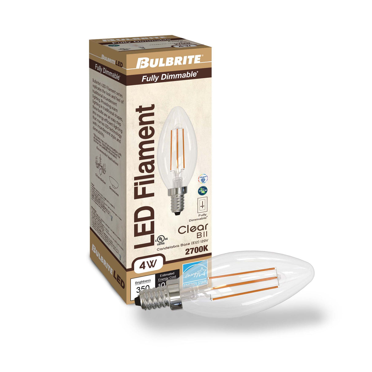 Bulbrite 4 Watt Dimmable Clear Filament B11 Candelabra (E12) LED Light Bulb - 350 Lumens, 2700K