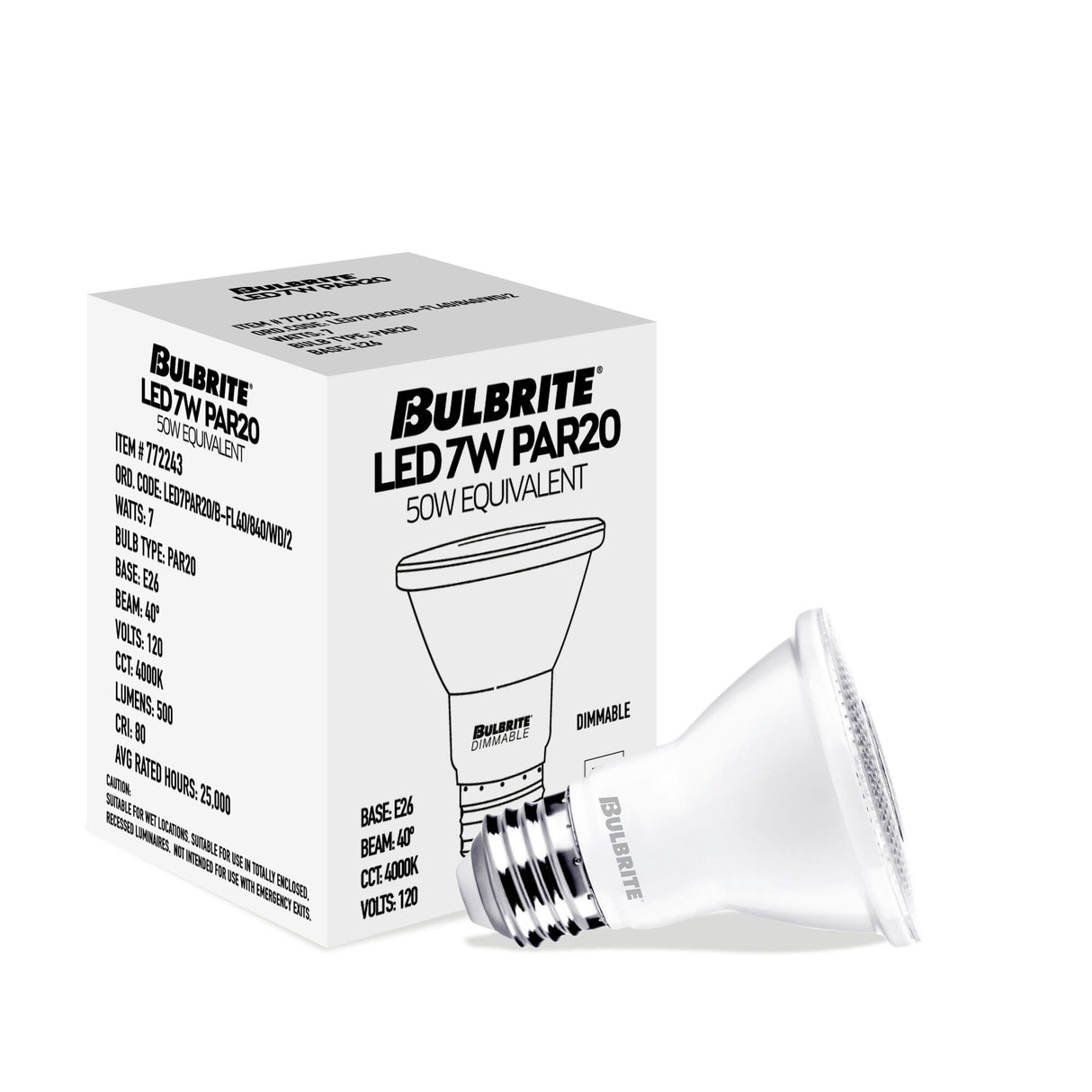 Bulbrite 7 Watt Dimmable Flood PAR20 Medium (E26) LED Light Bulb - 4000K (Cool White Light), 500 Lumens