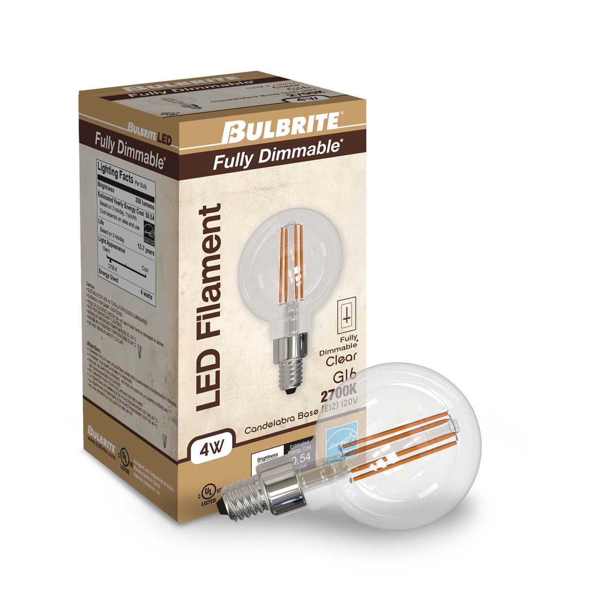 Bulbrite 776873, 4.5 Watt Dimmable Clear Filament G16 Candelabra (E12) LED Bulb - 350 Lumens, 2700K, and 80 CRI