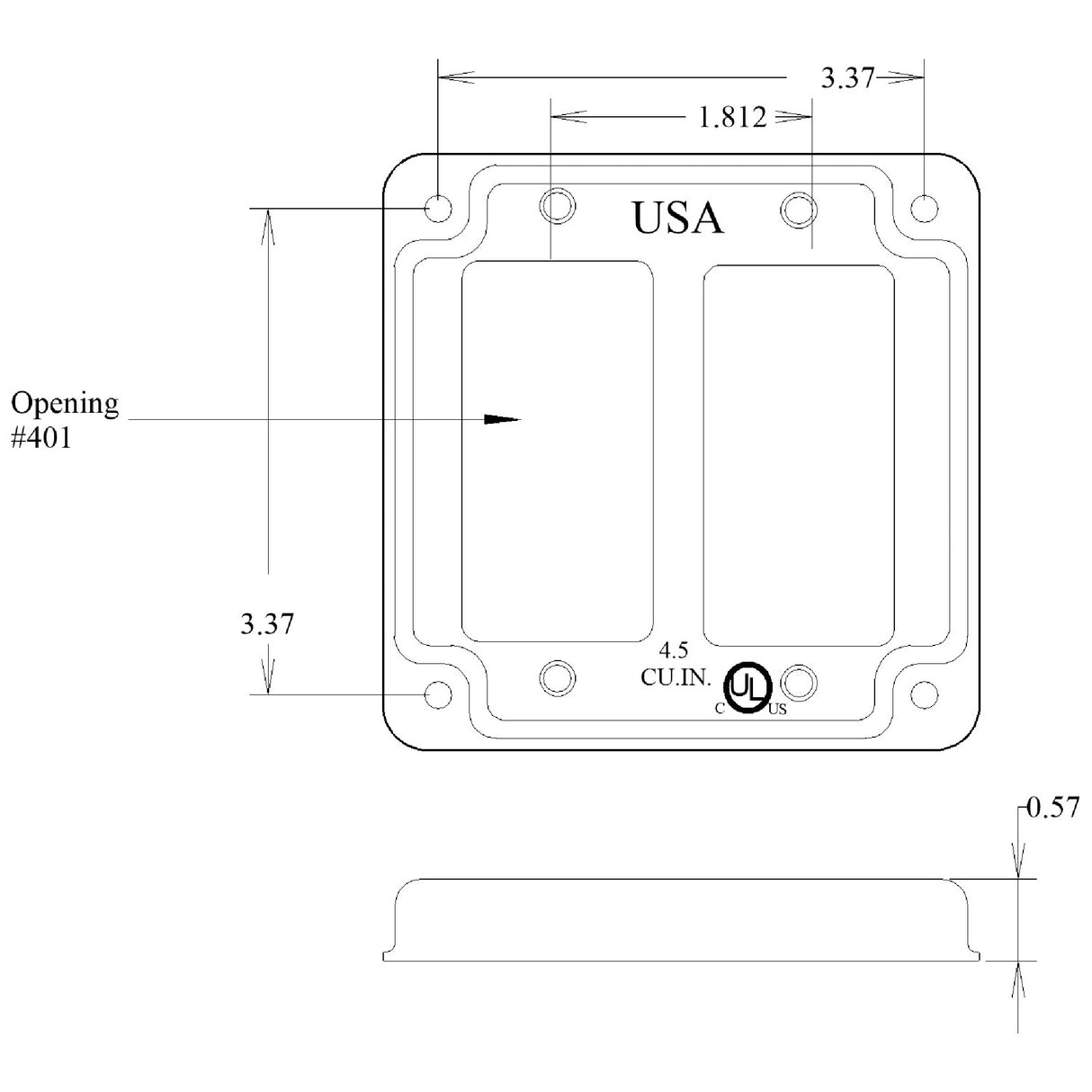 Mulberry Metal Products 11433U, 4 inch square cover, raised 2-Gang Rocker Switch Cover