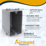 Airmont Products AP-13020 (Pack of 4) Plastic Electrical Box, Grey Outlet Box, Single Gang New Work Junction Box, Captive Nails, 20 cu. Inches, Length 3-5/8'', Width 2-1/8'', Depth 3-1/4''