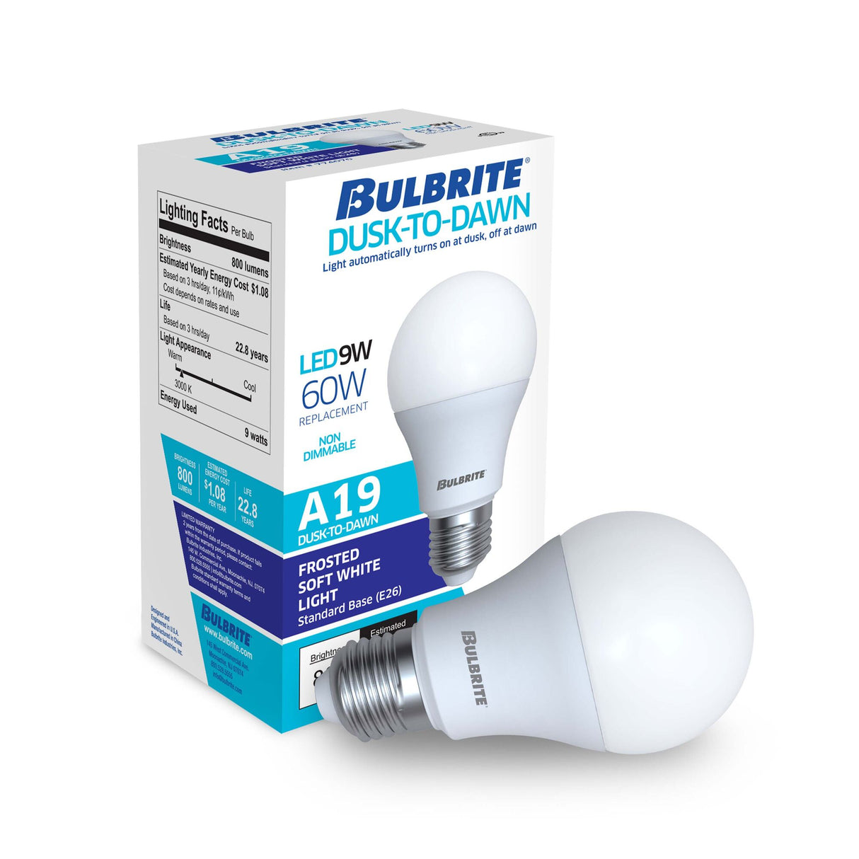 Bulbrite Dusk to Dawn 9 Watt A19 LED Light Bulb with Frosted Glass Finish and Medium (E26) Base - 3000K (Soft White Light), 800 Lumens