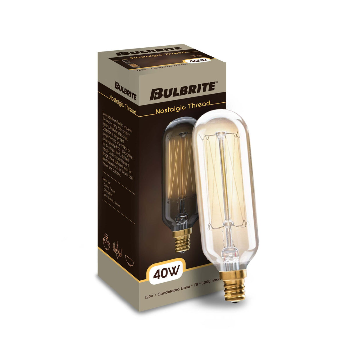 Bulbrite 40 Watt Dimmable Antique Nostalgic Thread Filament T8 Candelabra (E12) Incandescent Bulb