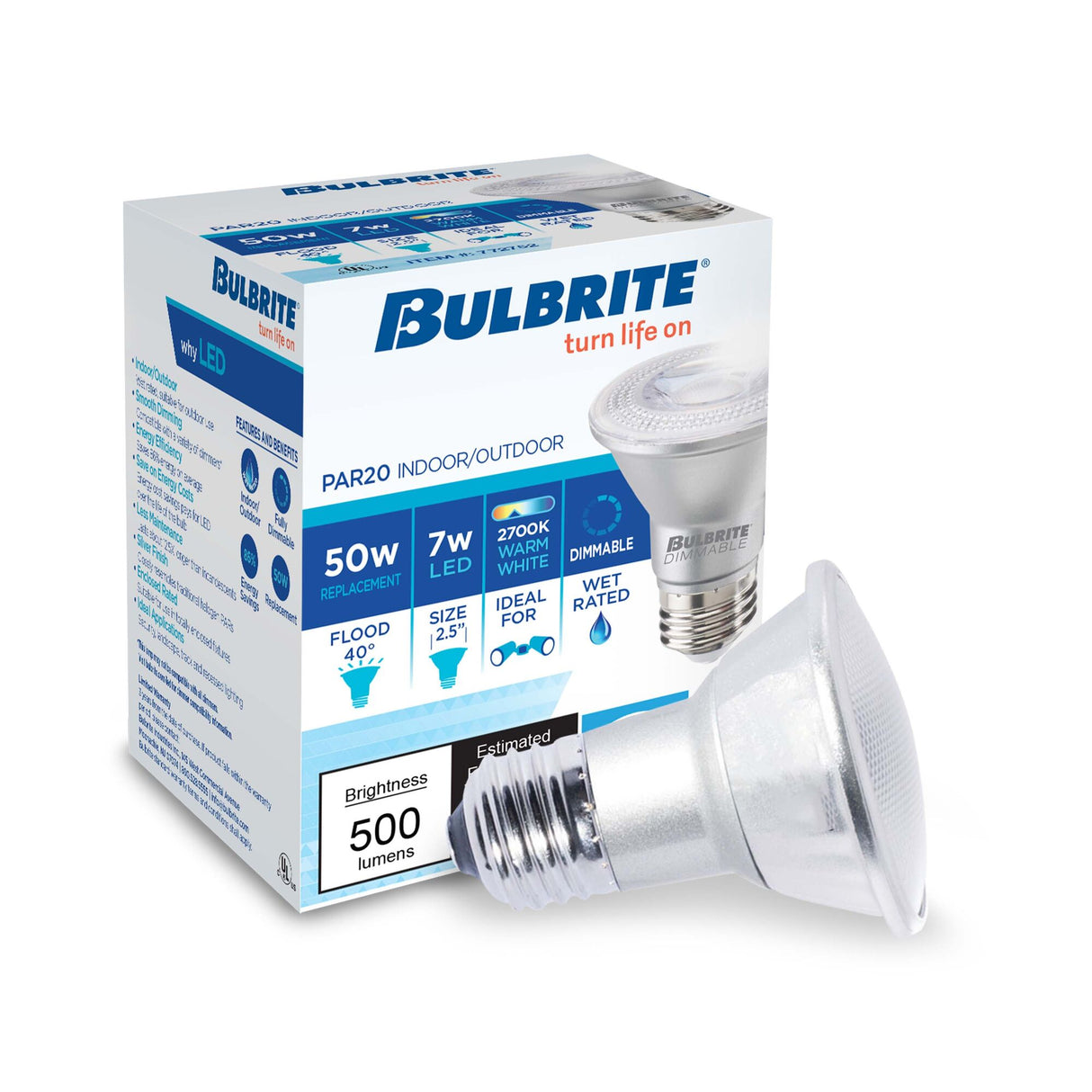 Bulbrite 7 Watt Dimmable Flood PAR20 Medium (E26) LED Light Bulb - 500 Lumens, 2700K