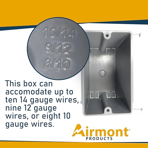 Airmont Products AP-13020 (Pack of 4) Plastic Electrical Box, Grey Outlet Box, Single Gang New Work Junction Box, Captive Nails, 20 cu. Inches, Length 3-5/8'', Width 2-1/8'', Depth 3-1/4''