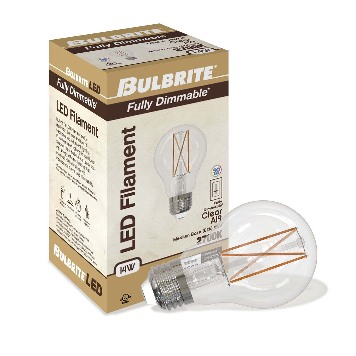 Bulbrite 776915, LED Filament 14 Watt Dimmable A19 Light Bulb with Clear Glass Finish and Medium (E26) Base - 2700K (Warm White Light), 1600 Lumens