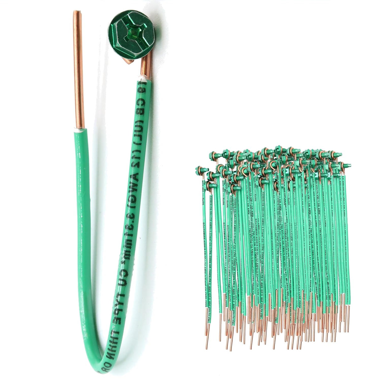 (Pack of 100) Green Ground Solid Copper Wire 6.5 Inches Long, 12 AWG, with Captive Ground Screw, Made in USA
