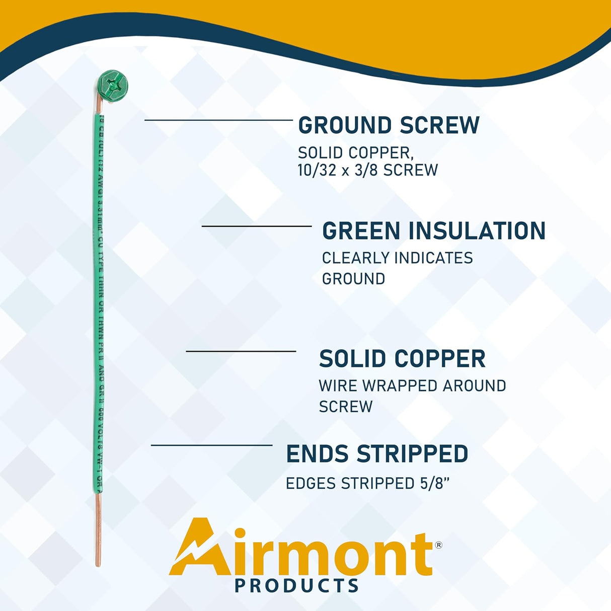 (Pack of 100) Green Ground Solid Copper Wire 6.5 Inches Long, 12 AWG, with Captive Ground Screw, Made in USA