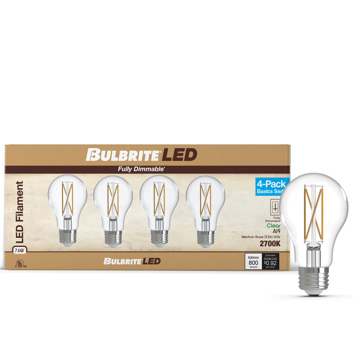 Bulbrite 776226 Bulbrite LED Filament Pack of 4, 7.6 Watt Dimmable A19 Light Bulb with Clear Finish and Medium Screw E26 Base - 2700K(Warm White Light), 800 lumens