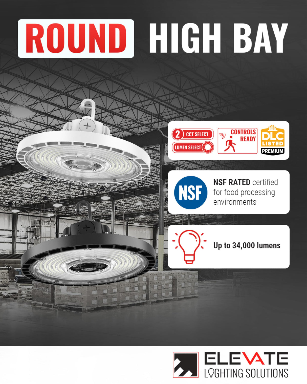 Elevate HBR-150CLS-CR-WH, 150W UFO LED High Bay Light, 23,000 Lumens, 4000K/5000K Selectable, IP65 Waterproof, Dimmable Commercial Fixture for Warehouse, Garage, Gym, Workshop, White