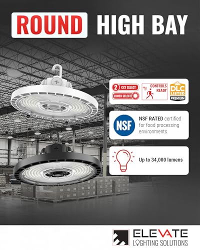 Elevate HBR-150CLS-CR-BL, 150W UFO LED High Bay Light, 23,000 Lumens, 4000K/5000K Selectable, IP65 Waterproof, Dimmable Commercial Fixture for Warehouse, Garage, Gym, Workshop, Black