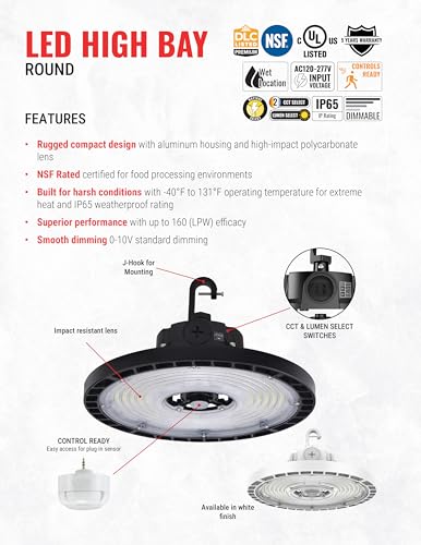 Elevate HBR-150CLS-CR-BL, 150W UFO LED High Bay Light, 23,000 Lumens, 4000K/5000K Selectable, IP65 Waterproof, Dimmable Commercial Fixture for Warehouse, Garage, Gym, Workshop, Black