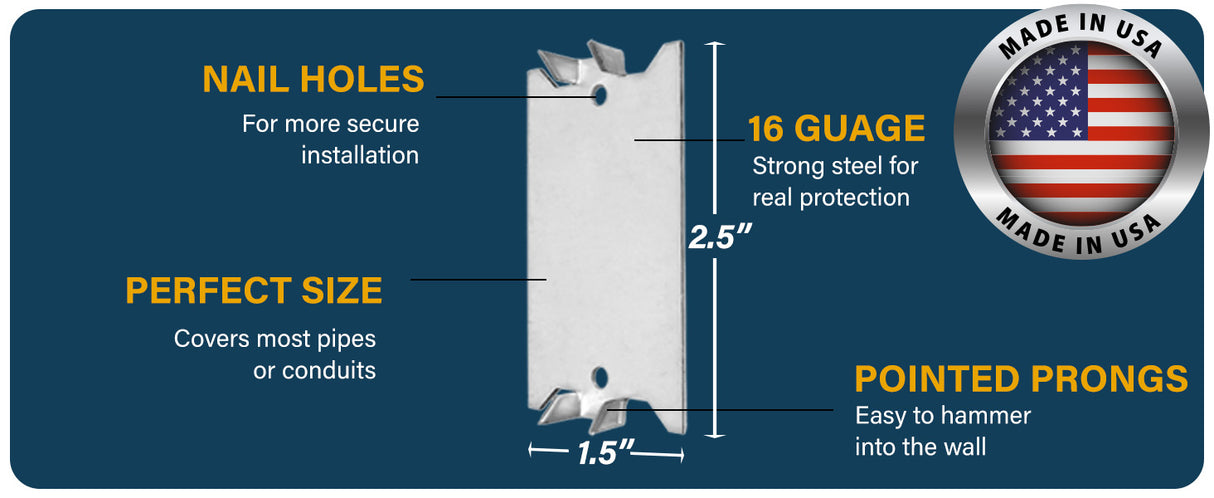 (200 Pack) Airmont Products AP-12061, Safety Nail Plate for Wood Studs 16-Gauge Steel, 1.5 x 2.5 Inch, Protect Plumbing and Wiring, Sharp Pointed Prongs, Anti-Nail Protection Plate Shield, Made in USA