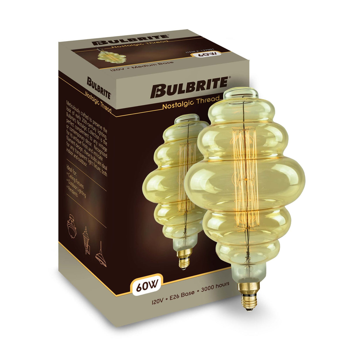 Bulbrite Grand Nostalgic Collection 60 Watt Dimmable Beehive Shape Oversized Decorative Incandescent Light Bulb with Medium (E26) Base, 2200K Amber Light, Antique Glass Finish