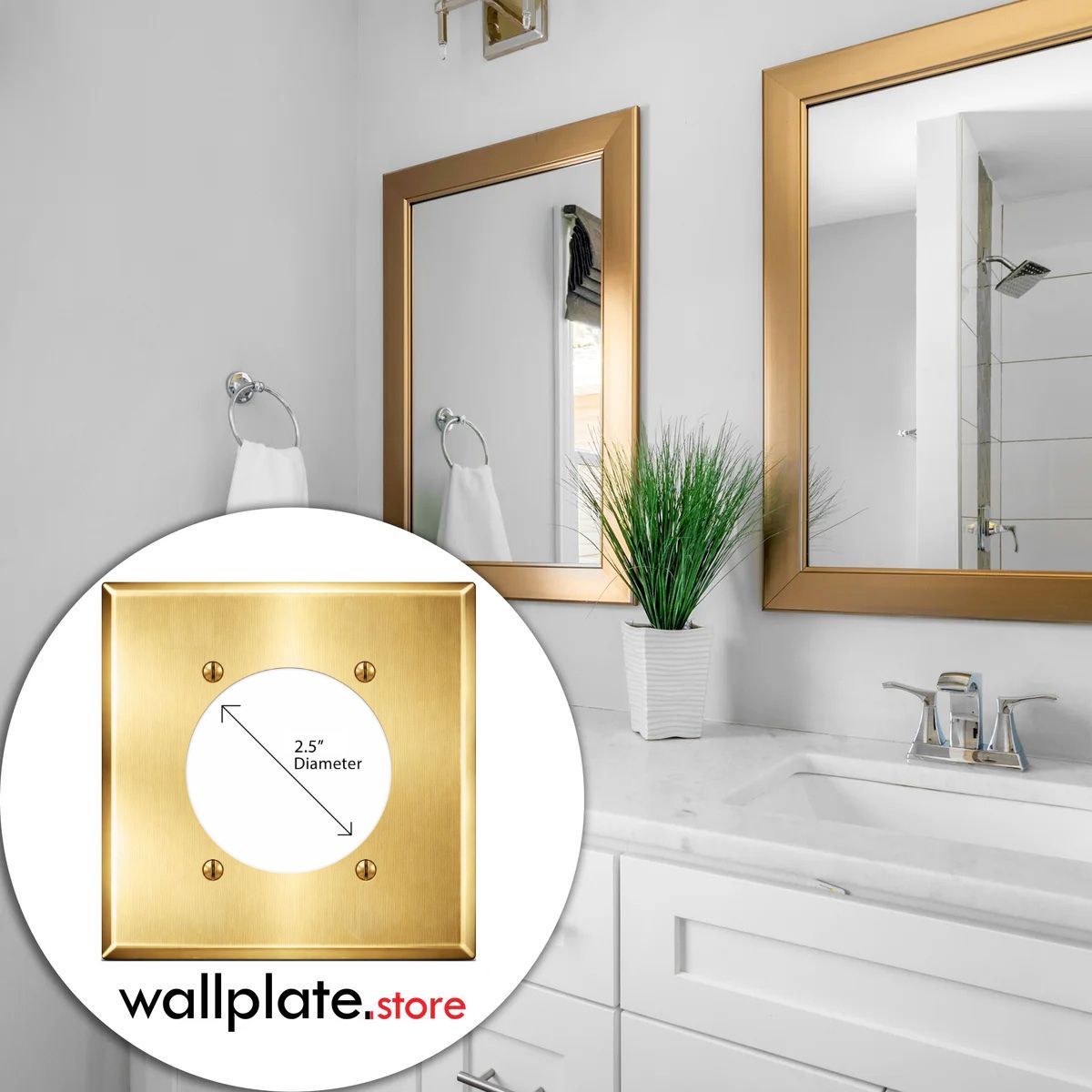2-Gang, Standard Size, One 30/50/60A 3 & 4 Wire Range/Dryer Round Receptacle Opening (2.480 in. ID), Centered, Satin Brass Finish, Metal Wall Plate Outlet Cover - Made in USA