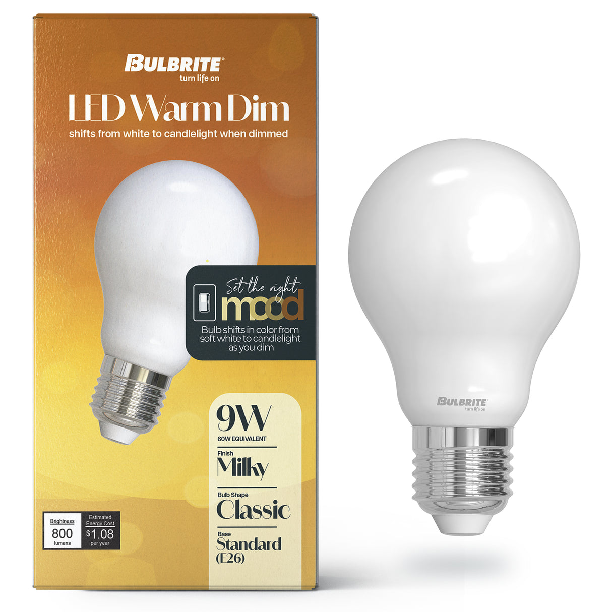 Bulbrite 9 Watt LED A19 Light Bulb, Warm Dimming 3000K (Soft White) - 1800K (Candlelight), 800 Lumens