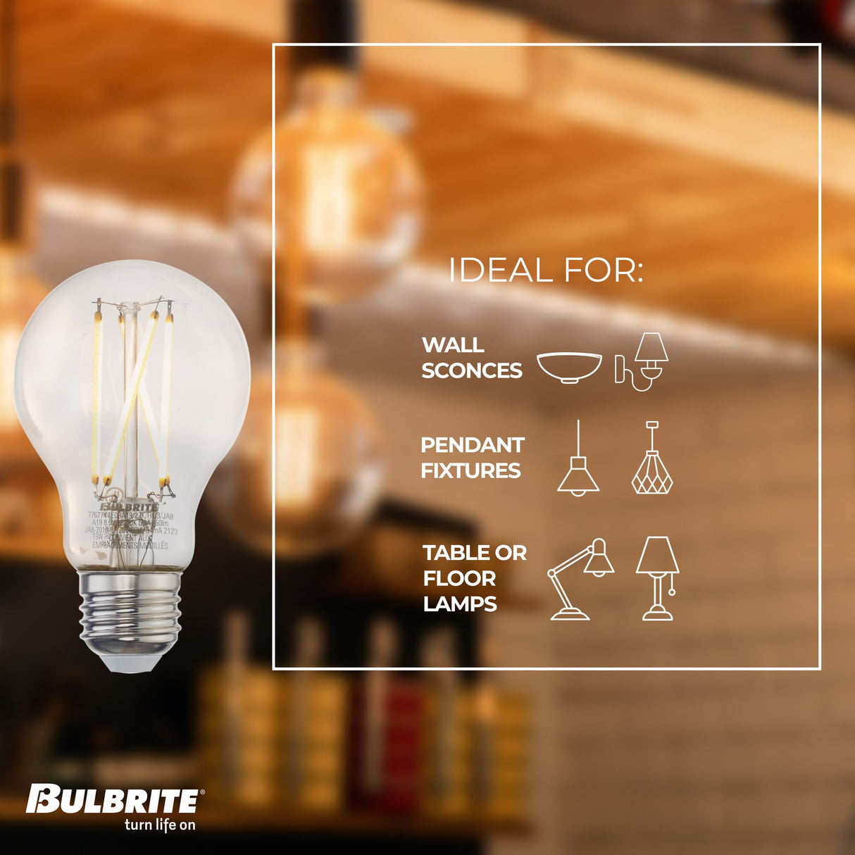 Bulbrite 776774, LED Filaments A19 Light Bulb with E26 base, Clear, 2700K, 850 Lumens