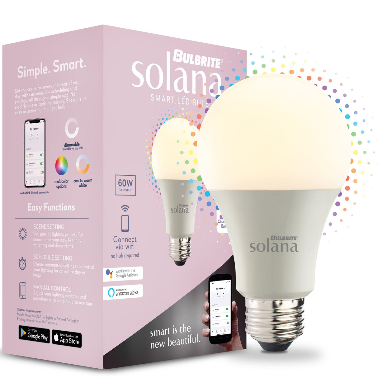 Bulbrite Solana 60 Watt Equivalent A19 Smart WiFi Connected 90CRI Color Changing LED Light Bulb, Frost