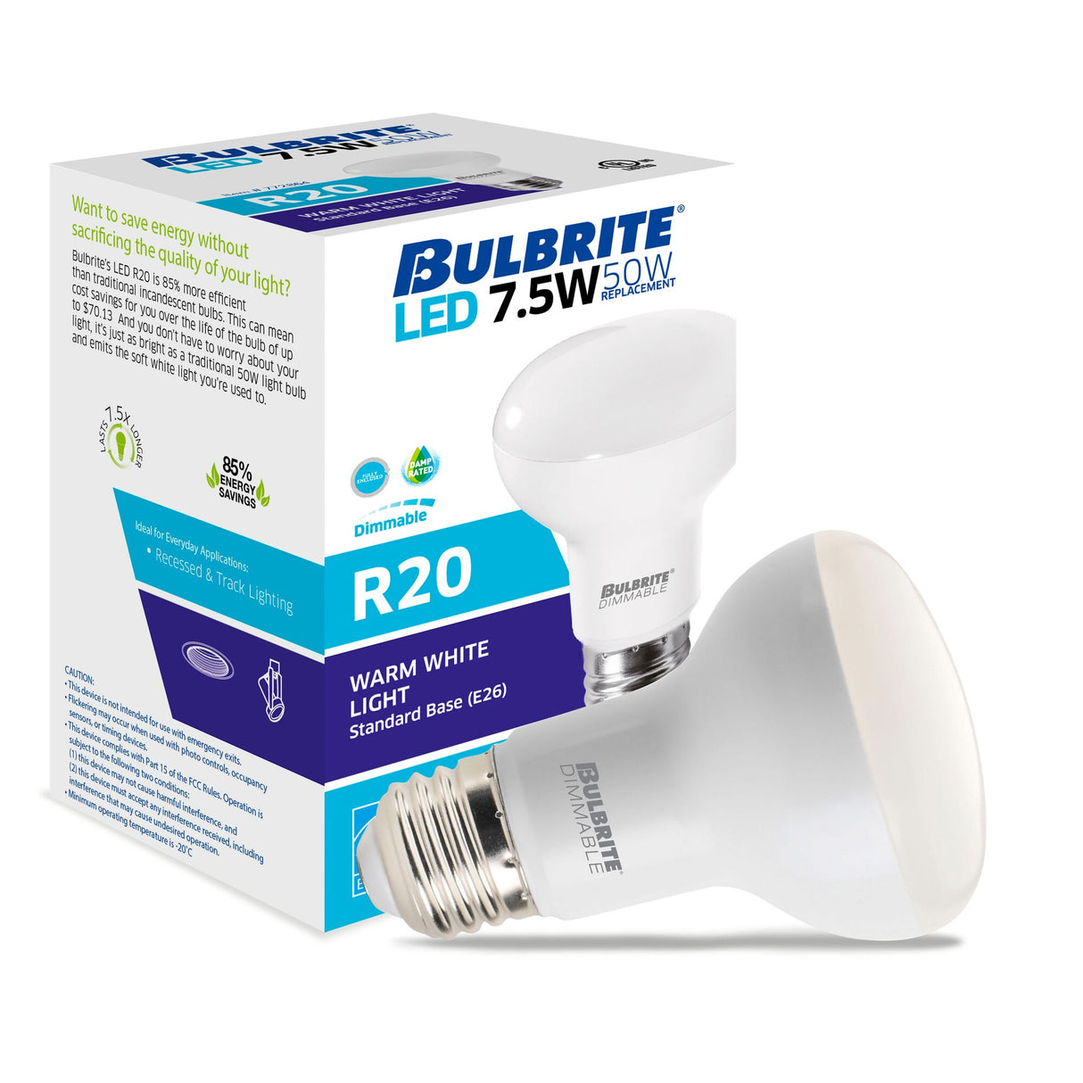 Bulbrite LED Filament 7.5 Watt Dimmable R20 Light Bulbs with Frost Glass Finish and Medium (E26) Base - 2700K (Warm White Light), 525 Lumens