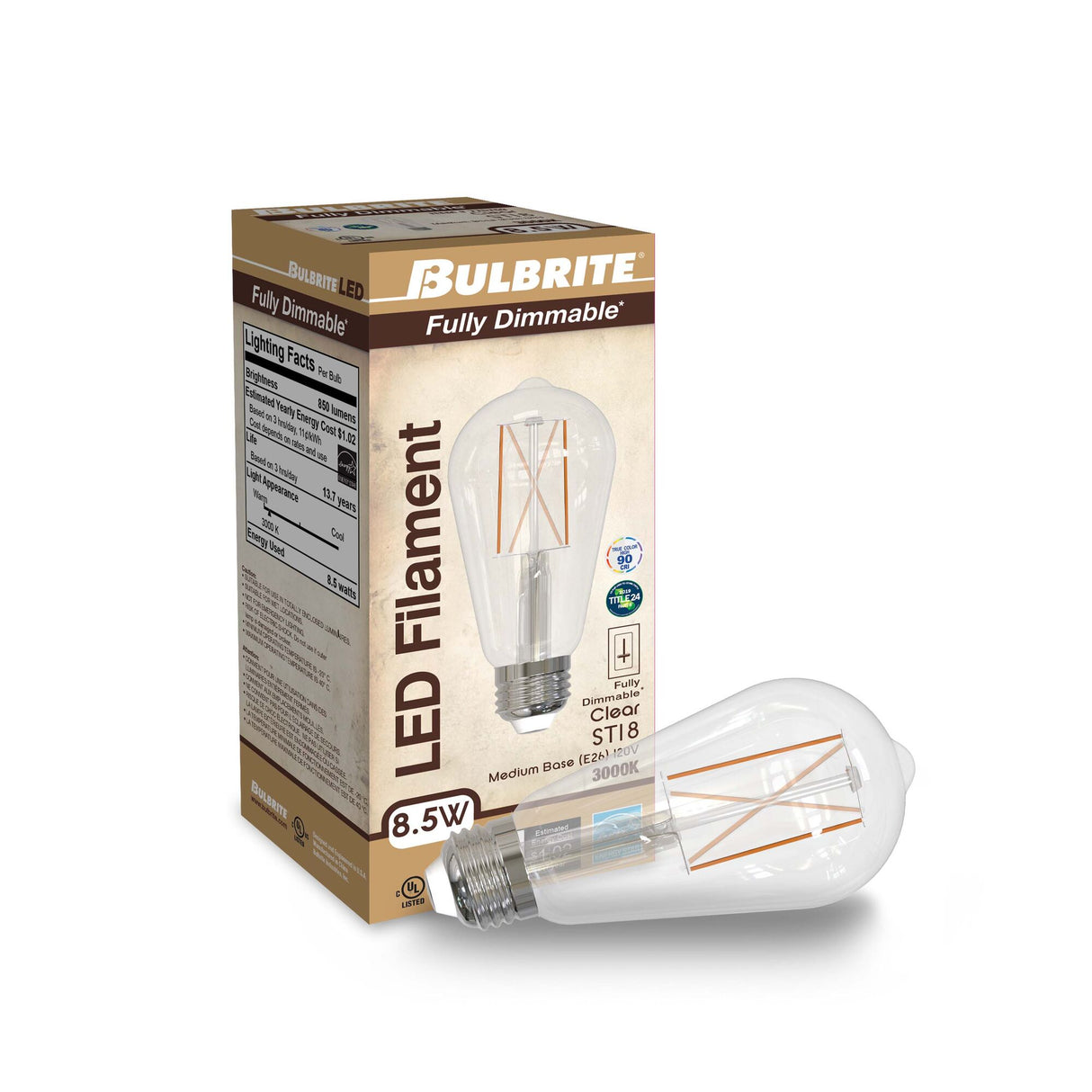 Bulbrite 776769, 8.5 Watt Dimmable Clear Filament ST18 Medium (E26) LED Bulb - 850 Lumens, 3000K, and 90 CRI