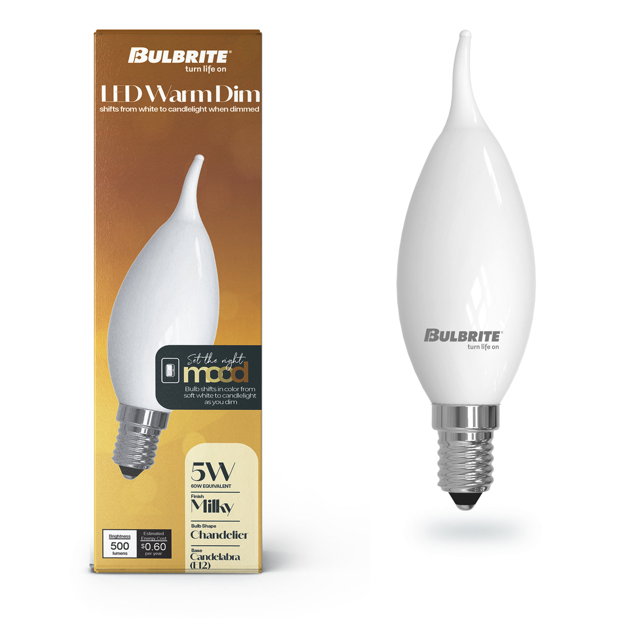 Bulbrite 5 Watt LED CA10 Light Bulb, Warm Dimming 3000K (Soft White) - 1800K (Candlelight), 500 Lumens