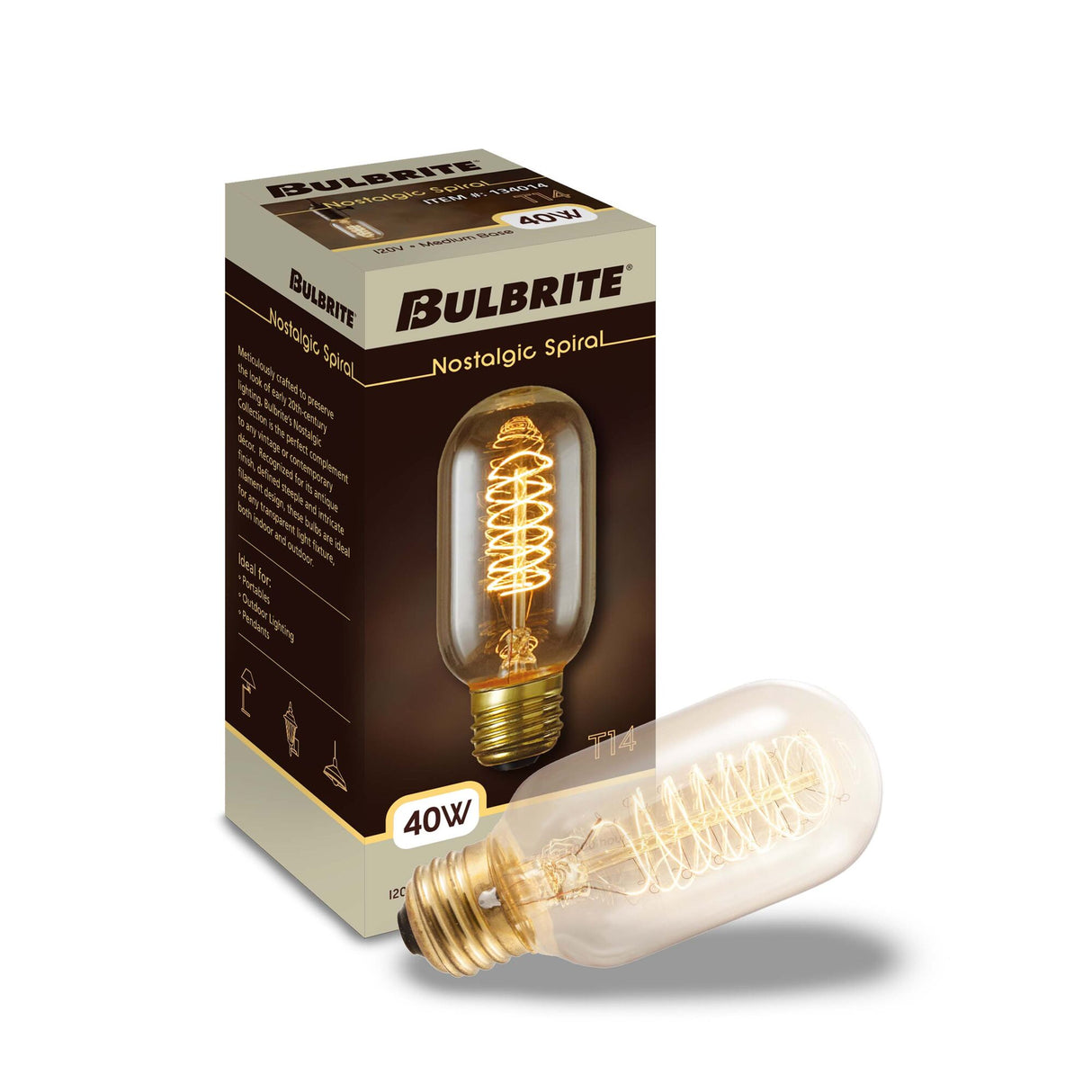 Bulbrite Incandescent 40-Watt Nostalgic Edison T14 Tubular Light Bulb, Vintage Spiral Filament