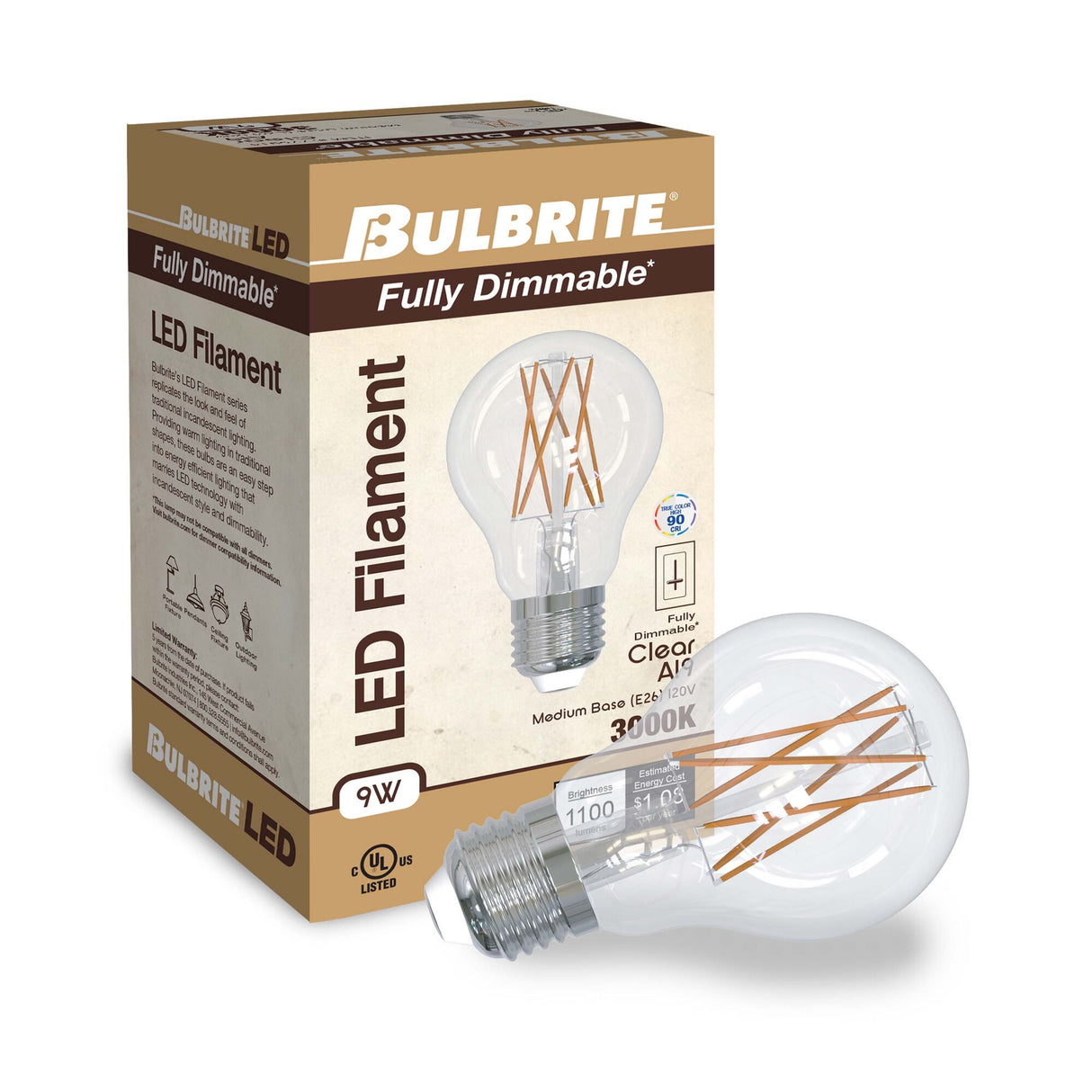 Bulbrite 9 Watt Dimmable Clear Filament A19 Medium (E26) LED Light Bulb - 1100 Lumens, 3000K, and 90 CRI